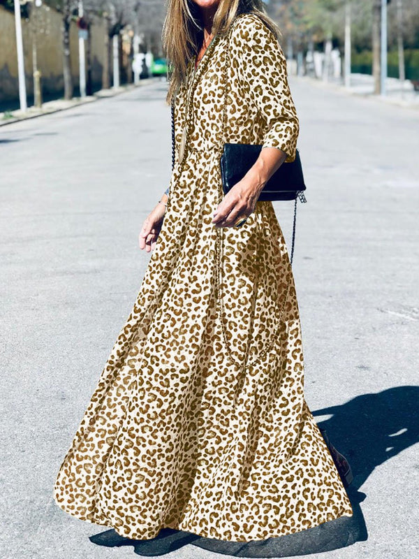 Retro Elegant V Neck Leopard Print Maxi Dress